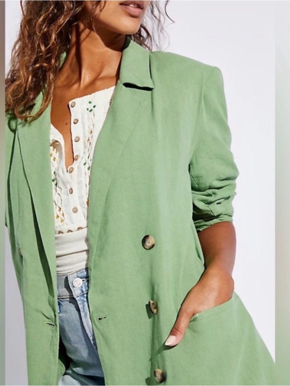 Free People OliLight Green Double-Breasted Women's Blazer
